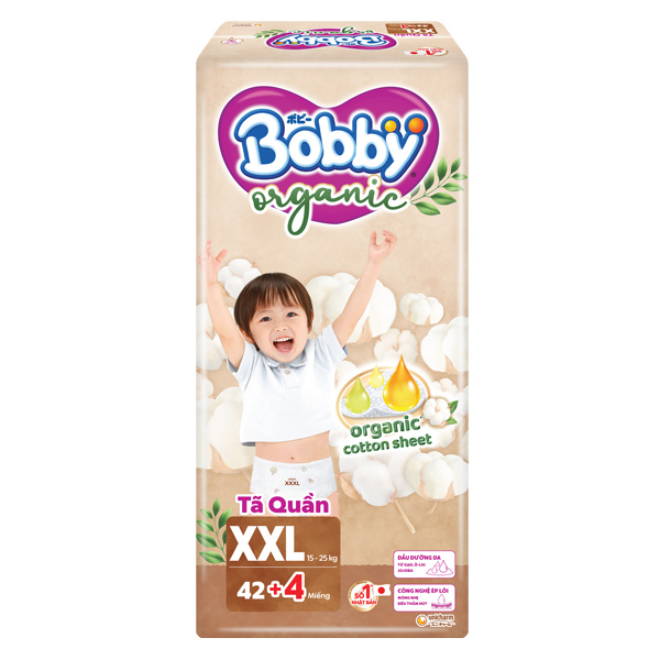 Tã quần Bobby Organic size XXL 42 + 4 miếng (15 - 25 kg)